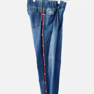 WHY Dress Jeans Juniors 9 Blue Pearl Tuxedo Stripe High Rise Crop Raw Hem EUC